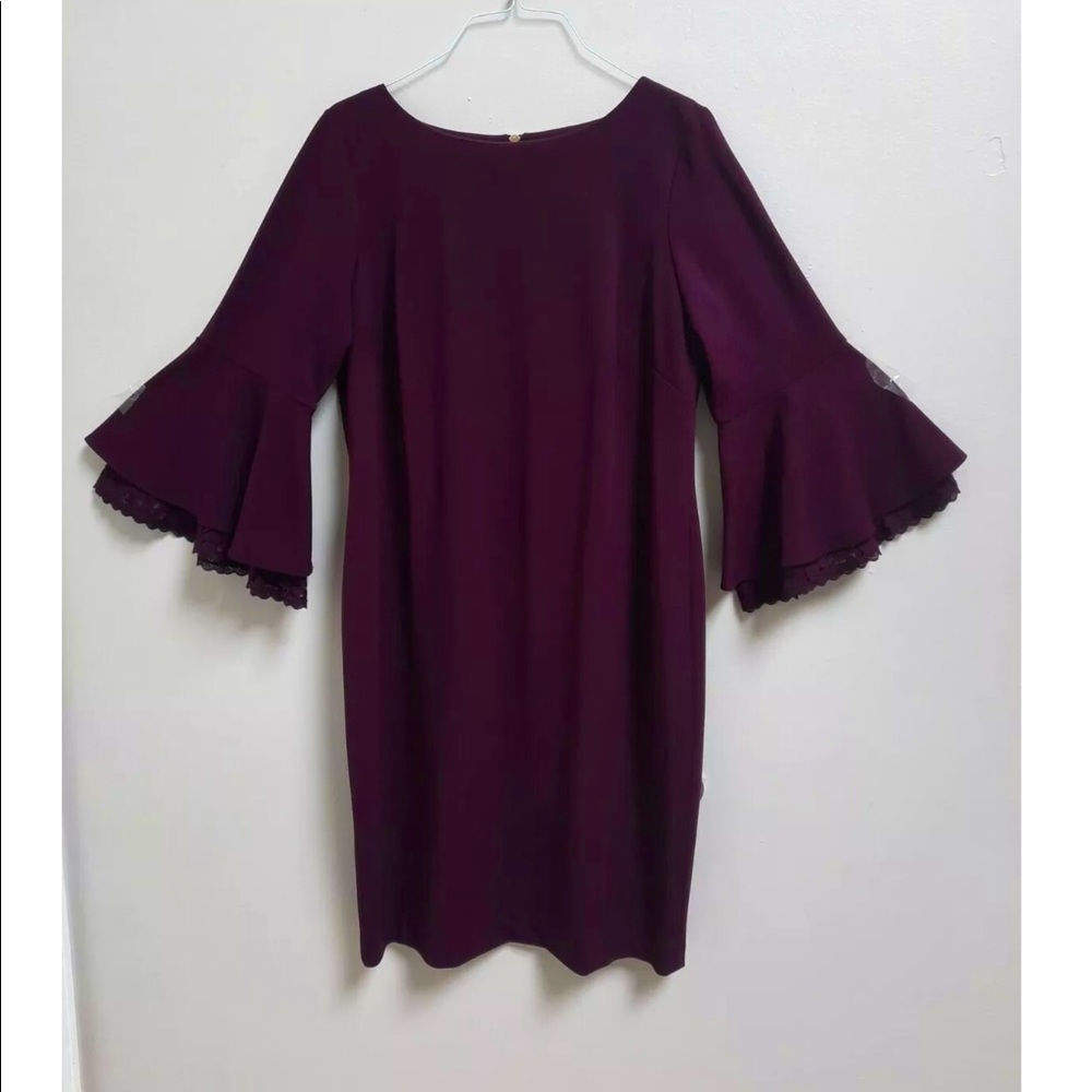 Calvin Klein Eggplant Purple Lace trim Bell Sleeve Sheath Crepe Dress Sz.16W